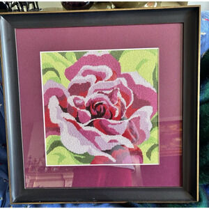 Hand Stitched Needlepoint Single Rose Floral Design 2007 Framed Wall Art 23"x23"